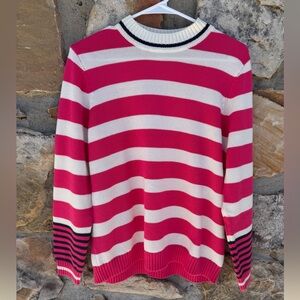 Appleseed's Pink and White Striped Crewneck Sweater with Navy Trim